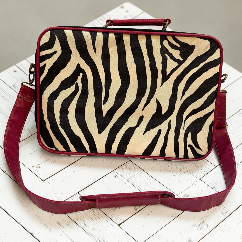 Zebra Print Laptop Bag Red Trim Travel Case Crossbody Strap